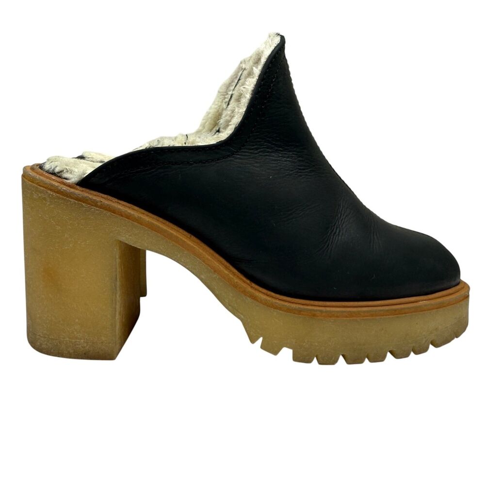 Free People Women's Black Leather Fur Lined Platform Block Heel Mules EU 37